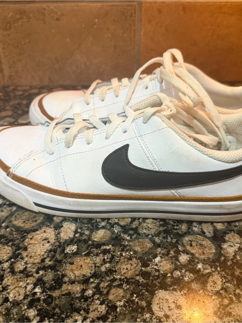 Nike White Low-Top Sneakers with Black Swoosh and Brown Trim